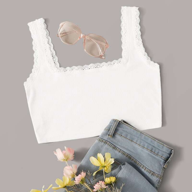 

Contrast Lace Solid Tank Top, White
