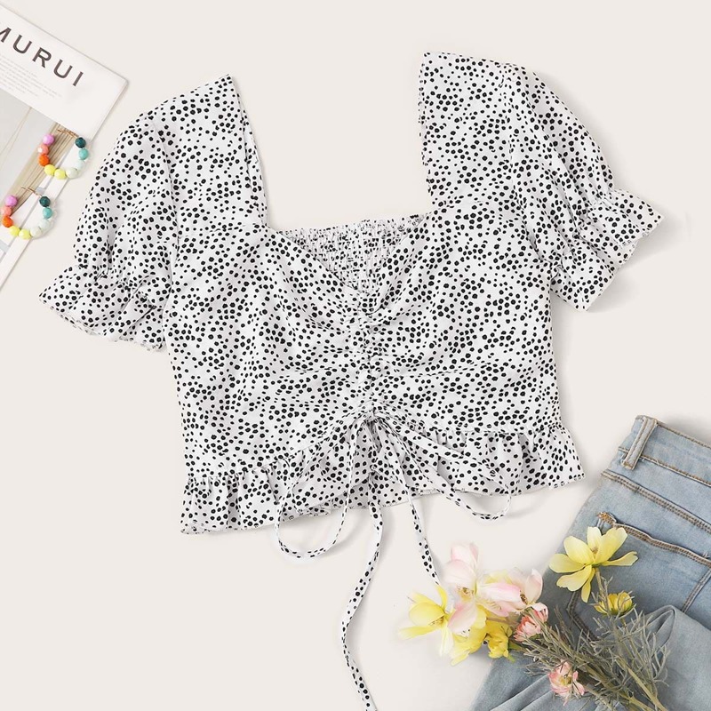 Allover Print Drawstring Front Shirred Back Blouse, Black and white