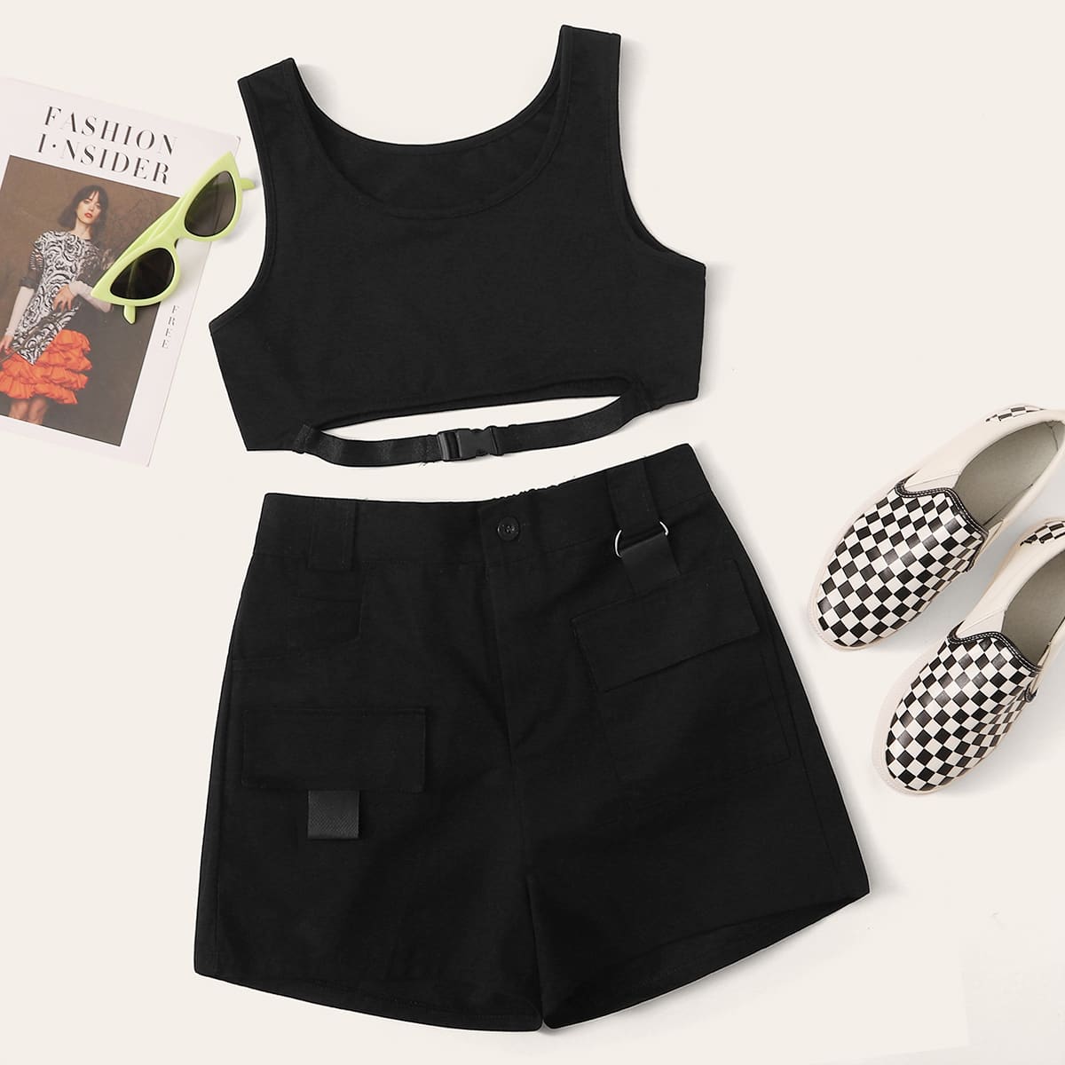 

Solid Buckle Detail Tank Top & Cargo Shorts, Black