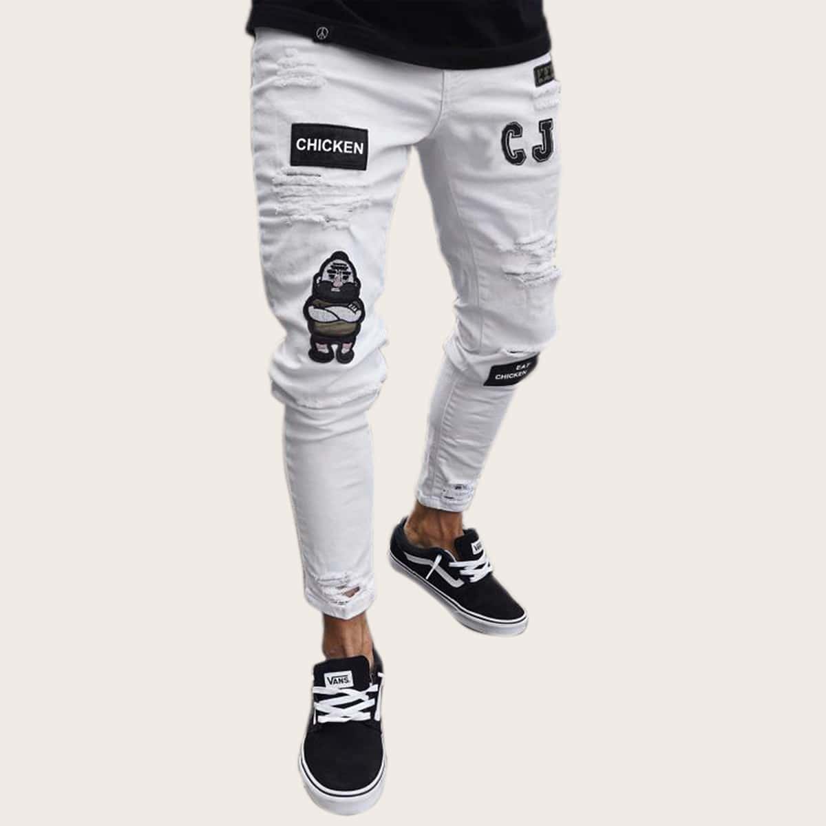 

Guys Letter & Cartoon Patched Ripped Jeans, White
