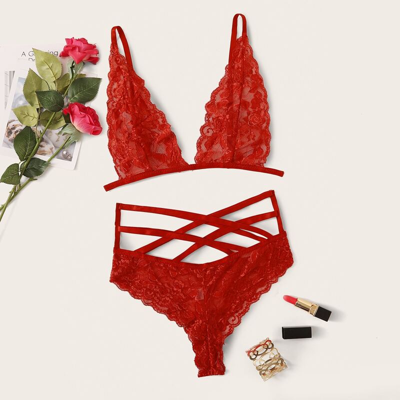 

Floral Lace Criss Cross Lingerie Set, Red