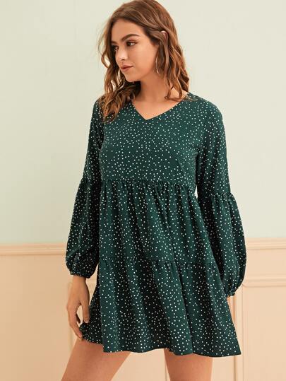 Polka Dot Bishop Sleeve Babydoll Dress