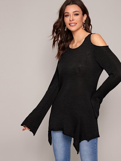 Cold Shoulder Asymmetrical Hem Tee