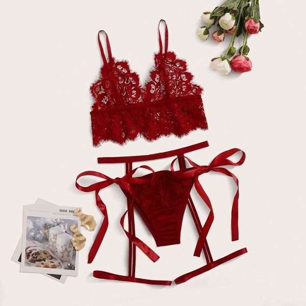 

Floral Lace Garter Lingerie Set, Burgundy
