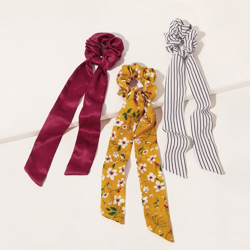 

3pcs Striped & Ditsy Floral Scrunchies Scarf, Multicolor