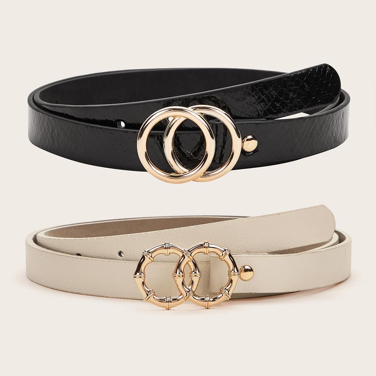

2pcs Double O-ring & Bamboo Buckle Belts, Multicolor