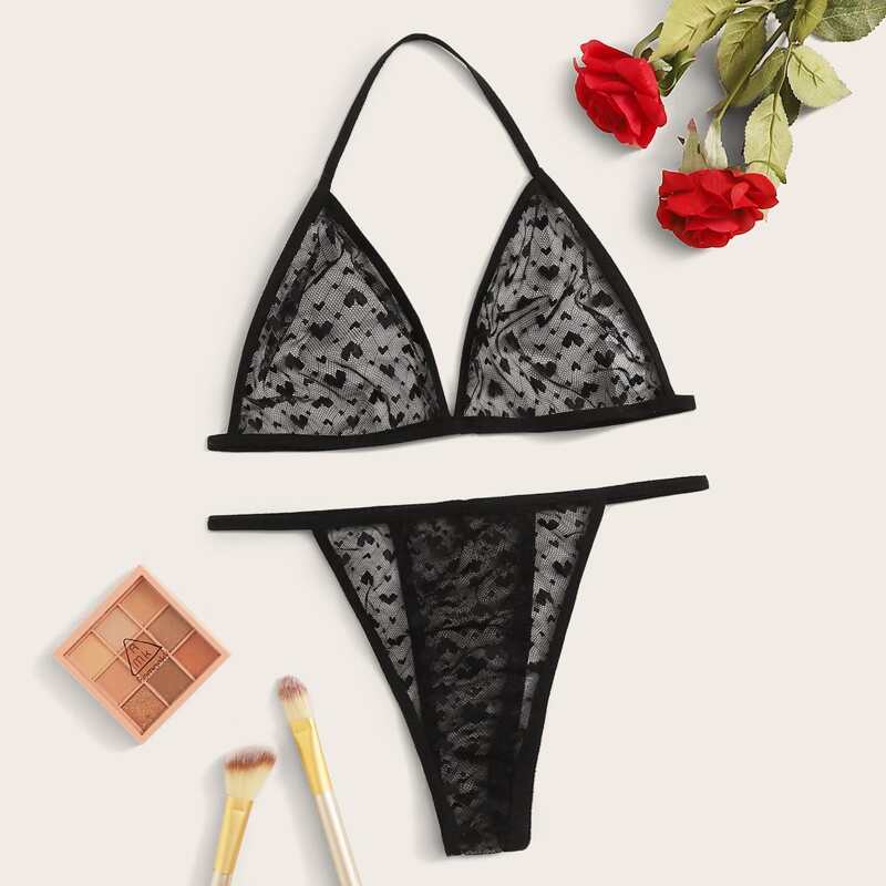 

Heart Print Mesh Halter Lingerie Set, Black