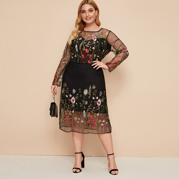 

Plus Floral Embroidery Mesh Fitted Dress, Black