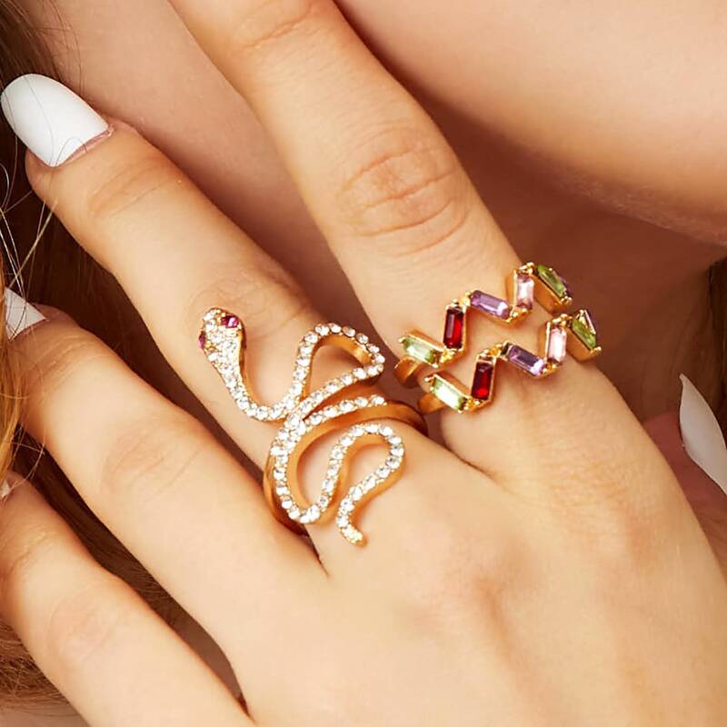 

3pcs Rhinestone Engraved Serpentine & Chevron Decor Ring, Multicolor