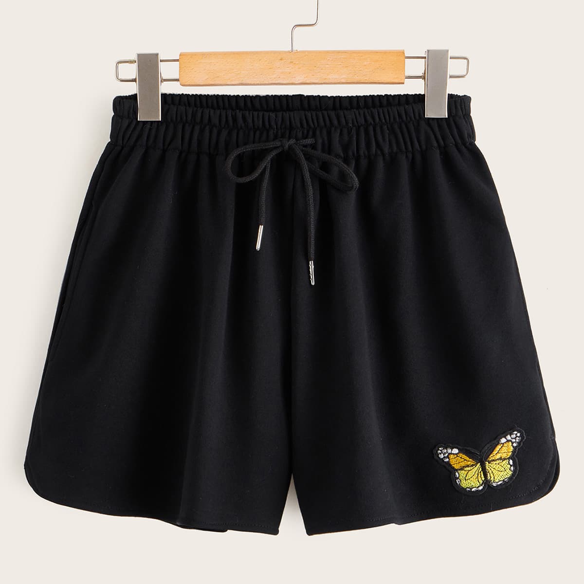 

Butterfly Embroidery Drawstring Waist Track Shorts, Black