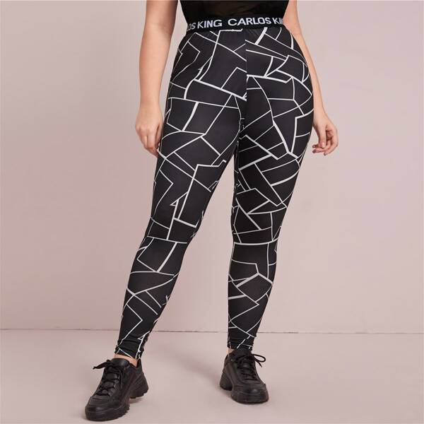

Plus Letter And Geo Print Elastic Waist Leggings, Black
