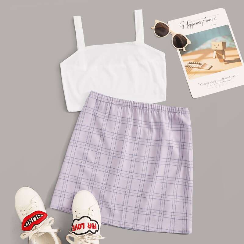 

Solid Crop Cami Top & Tartan Skirt, Multicolor