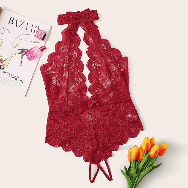 

Floral Lace Crotchless Teddy Bodysuit, Burgundy
