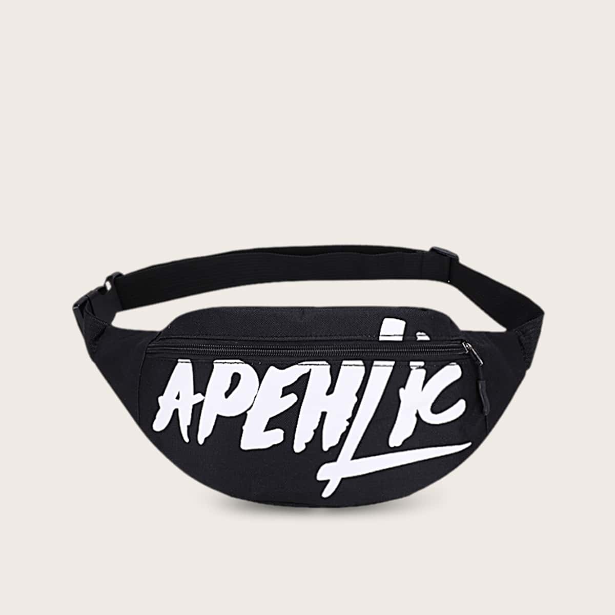 

Letter Graphic Zip Front Fanny Pack, Black