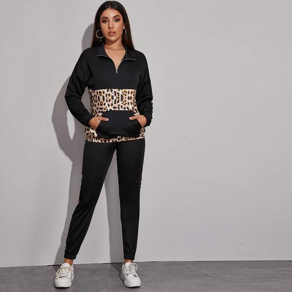 

Leopard Panel Half Zip Sweatshirt & Sweatpants, Black