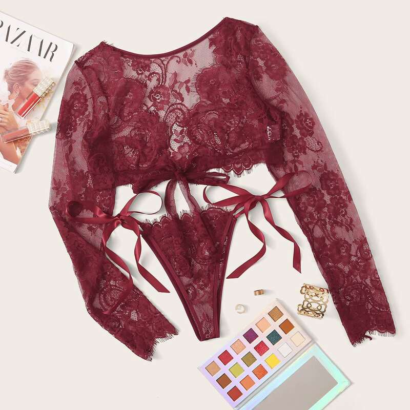

Floral Lace Long Sleeve Top With Thong Lingerie Set, Burgundy