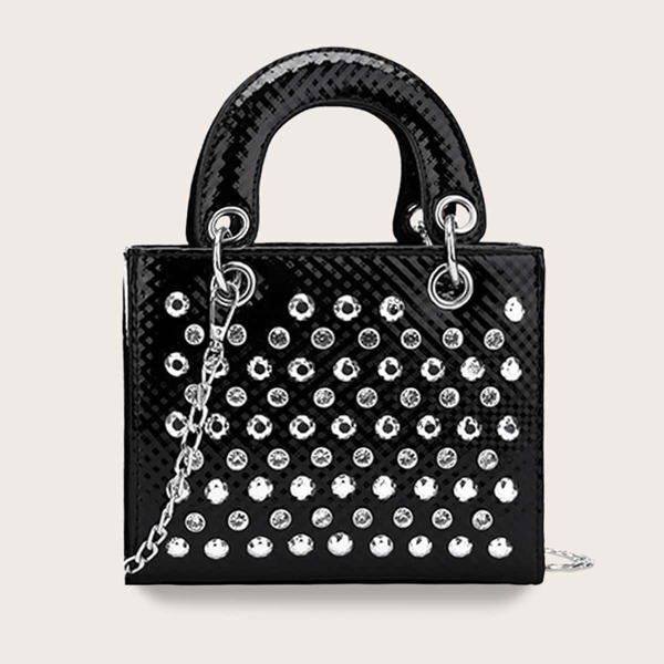 

Rhinestone Decor Satchel Bag, Black