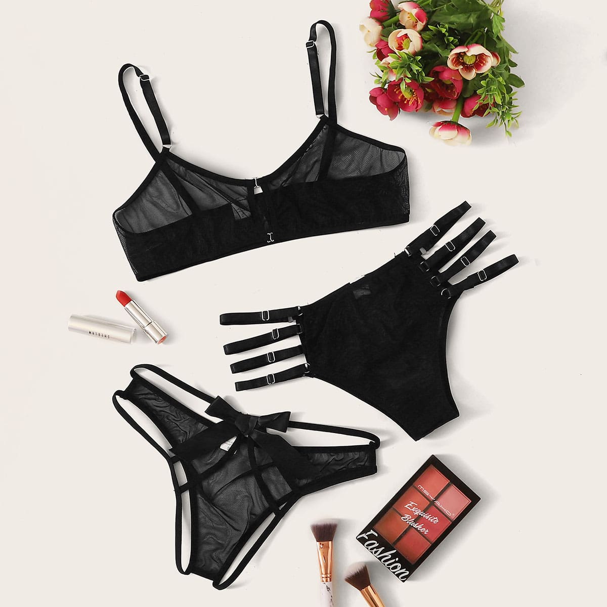 

3pack Cut-out Sheer Mesh Lingerie Set, Black