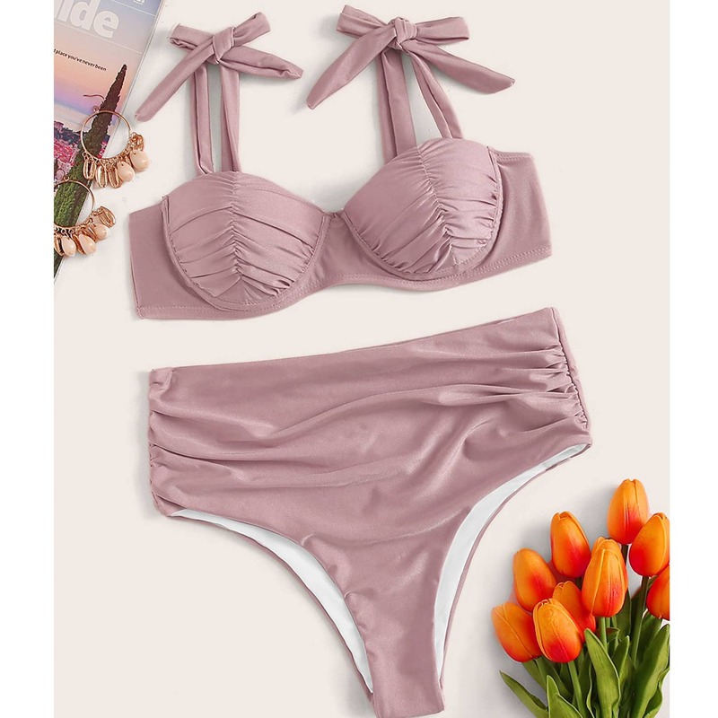 

Ruched Tie Shoulder Underwire Top With High Waist Bikini Set, Pink