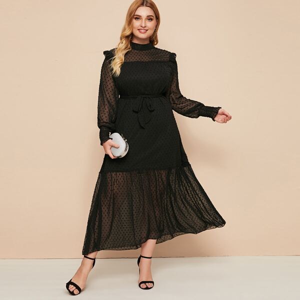 

Plus Swiss Dot Ruffle Trim Self Tie A-line Dress, Black