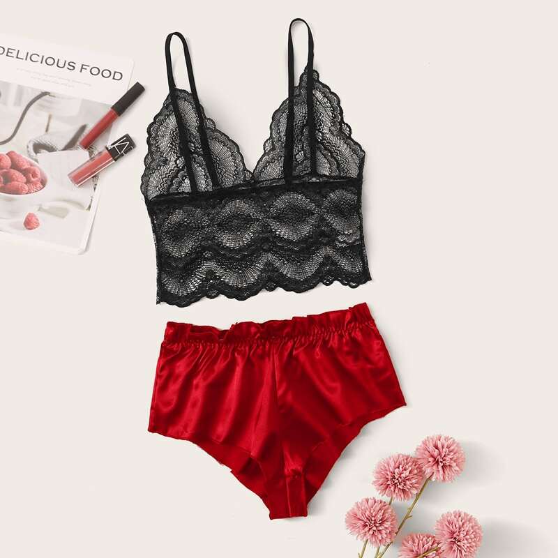 

Contrast Lace Satin Lingerie Set, Multicolor