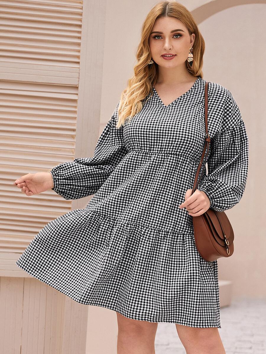 Plus Gingham Bishop Sleeve V-Neck A-line Dress - Black and White - View 1