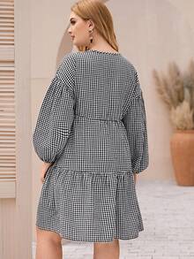 Plus Gingham Bishop Sleeve V-Neck A-line Dress - Black and White - View 2
