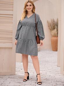 Plus Gingham Bishop Sleeve V-Neck A-line Dress - Black and White - View 3