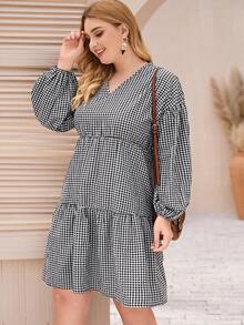 Plus Gingham Bishop Sleeve V-Neck A-line Dress - Black and White - View 4