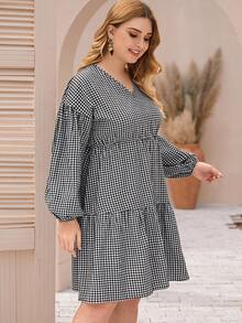 Plus Gingham Bishop Sleeve V-Neck A-line Dress - Black and White - View 5