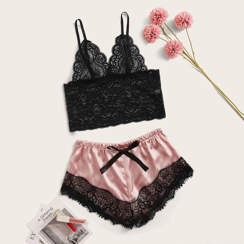 

Contrast Lace Satin Lingerie Set, Multicolor