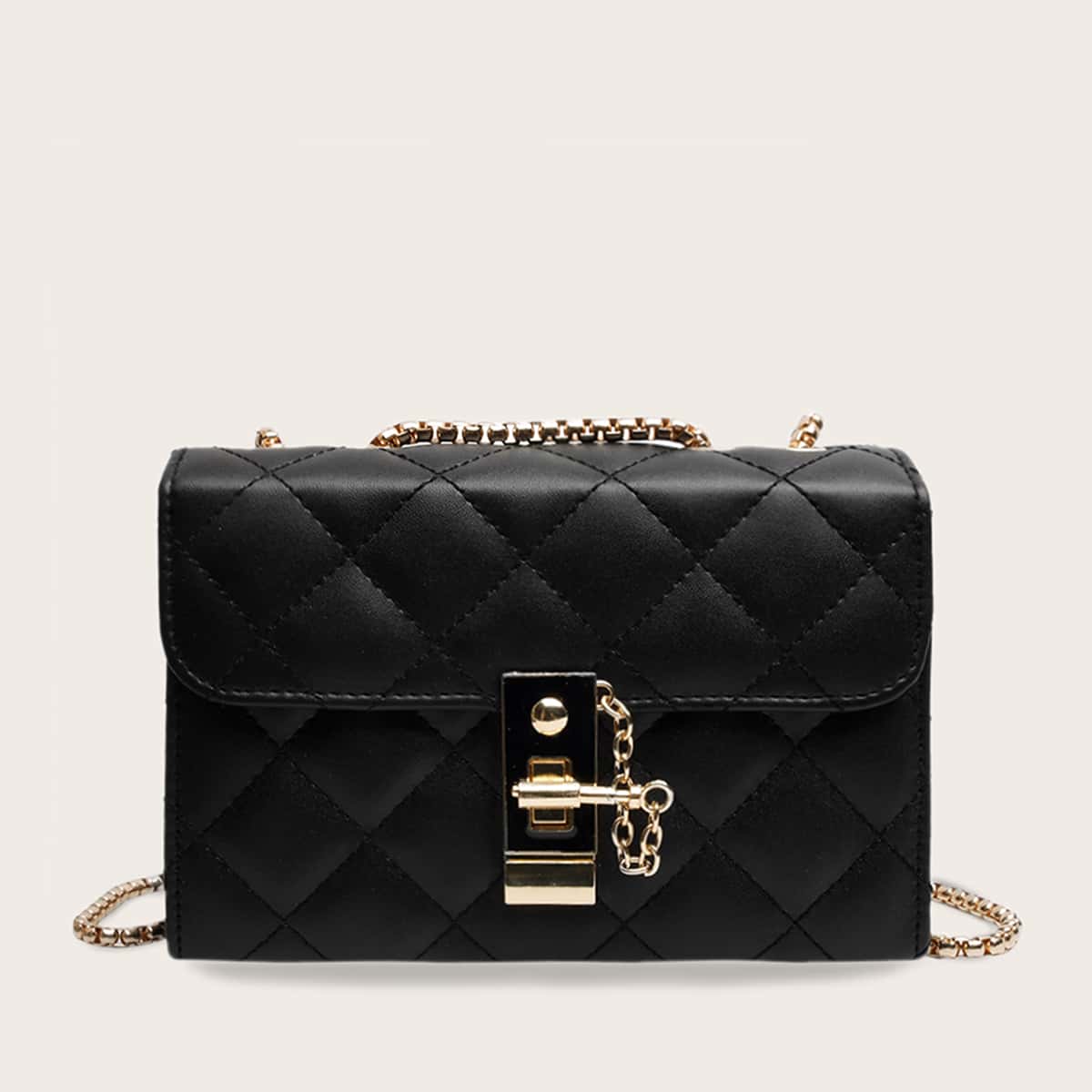 

Toggle Lock Quilted Flap Chain Bag, Black