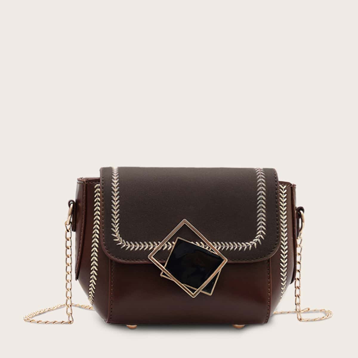 

Geometric Decor Stitch Detail Chain Bag, Brown