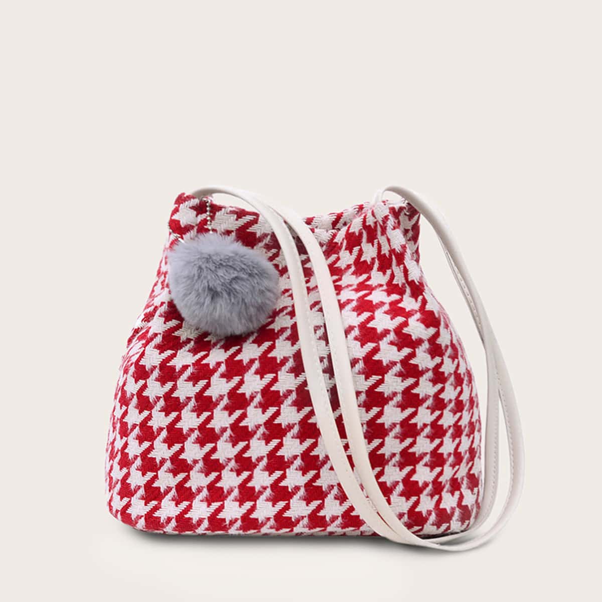 

Pom Pom Decor Houndstooth Tote Bag, Red