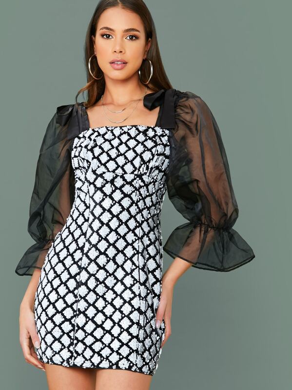 

Knot Shoulder Sheer Organza Flounce Sleeve Plaid Sequin Dress, Black and white, Julia Peres