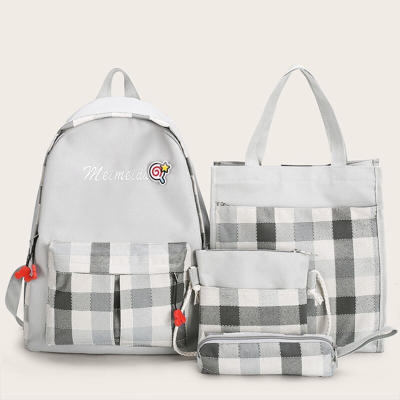 

4pcs Gingham Backpack With Pencil Case, Multicolor