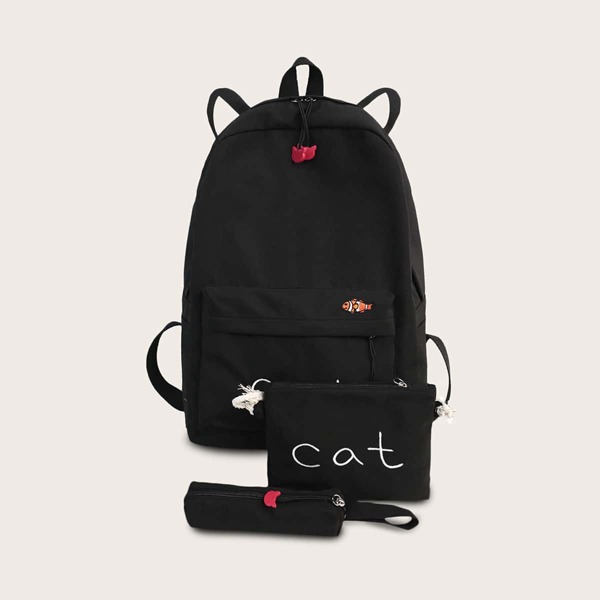 

3pcs Fish Embroidered Backpack With Pencil Case, Black