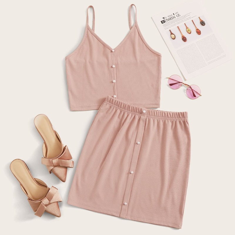 

Solid Button Detail Ribbed Cami Top & Skirt, Pink