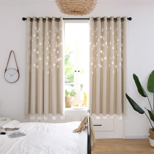 

1pc Hollow Snowflake Eyelet Curtain, Beige