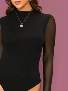 SHEIN Privé Mock Neck Mesh Sleeve Bodysuit