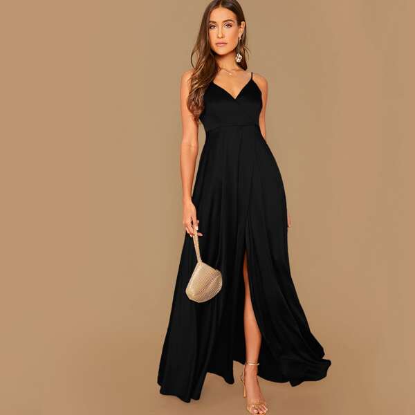 

Split Hem Flowy Slip Dress, Black
