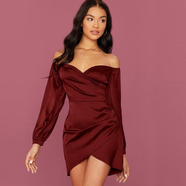 

Off Shoulder Asymmetrical Hem Satin Dress, Burgundy