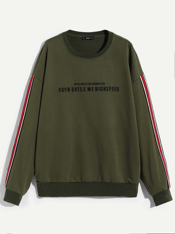 

Men Crew Neck Tape Letter Pullover, Army green