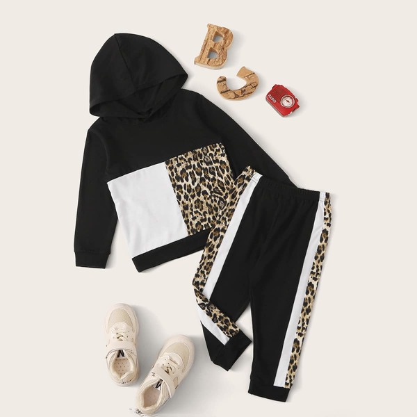 

Toddler Girls Color-block Leopard Hoodie With Joggers, Multicolor