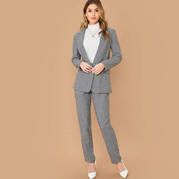 

Notched Collar Houndstooth Blazer & Pants Set, Black and white