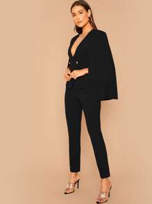 SHEIN Privé Double Breasted Cape Blazer & Tailored Trousers Set - Black - View 3