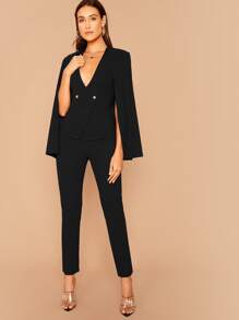 SHEIN Privé Double Breasted Cape Blazer & Tailored Trousers Set - Black - View 5