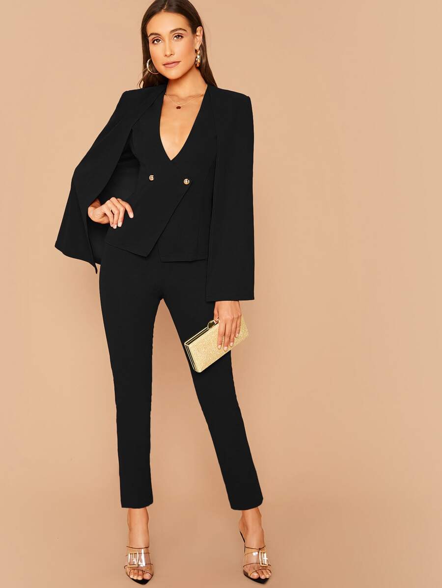 SHEIN Privé Double Breasted Cape Blazer & Tailored Trousers Set - Black - View 1