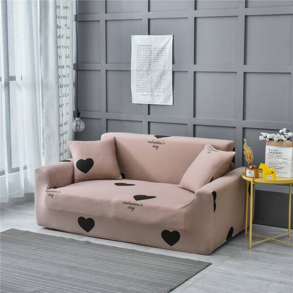 

1pc Letter & Heart Print Stretchy Sofa Cover, Multicolor