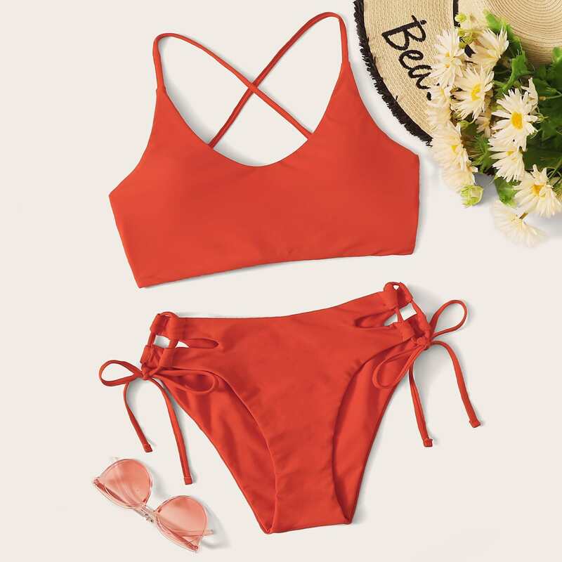 

Lace Up Back Top With Tie Side Bikini Set, Orange